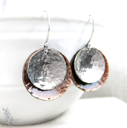 Mixed Metal Copper & Sterling Silver Earrings · Antiqued & Hand Hammered (m)