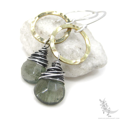 Moss Aquamarine Earrings · Mixed Metal Hammered Sterling Silver & Brass Dangle Earrings