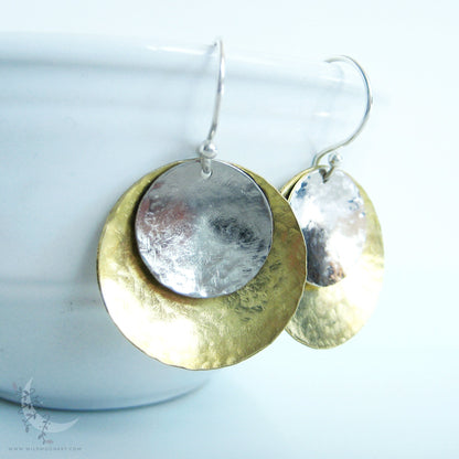 Mixed Metal Brass & Sterling Silver Earrings · Hand Hammered Coin Dangle Earrings (lg)