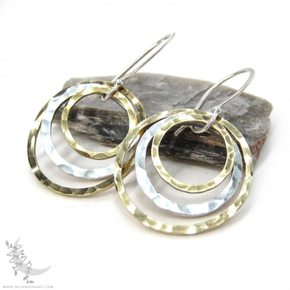 Mixed Metal Brass & Sterling Silver Earrings · Hammered Circle Dangle Earrings
