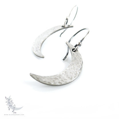 Silver Moon Earrings · Sterling Silver Handmade Hammered Crescent Moon Dangle Earrings