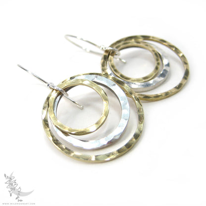 Mixed Metal Brass & Sterling Silver Earrings · Hammered Circle Dangle Earrings