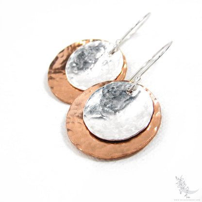 Mixed Metal Copper & Sterling Silver Earrings · Hand Hammered Coin Dangle Earrings (m)