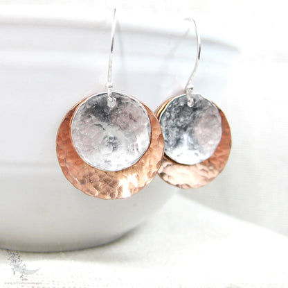 Mixed Metal Copper & Sterling Silver Earrings · Hand Hammered Coin Dangle Earrings (m)