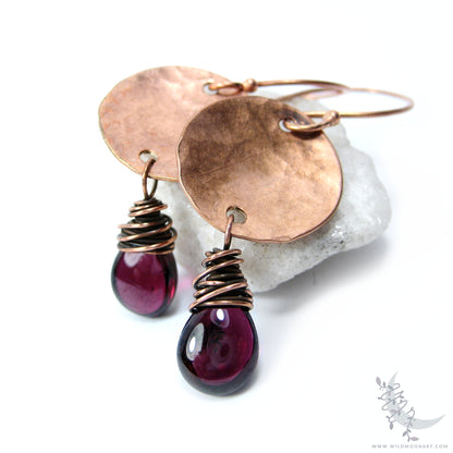Garnet Copper Earrings · Hand Hammered Copper Dangle Earrings