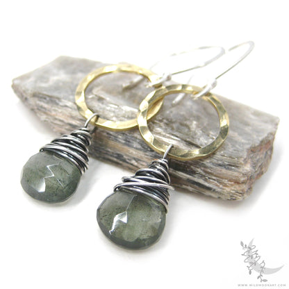 Moss Aquamarine Earrings · Mixed Metal Hammered Sterling Silver & Brass Dangle Earrings