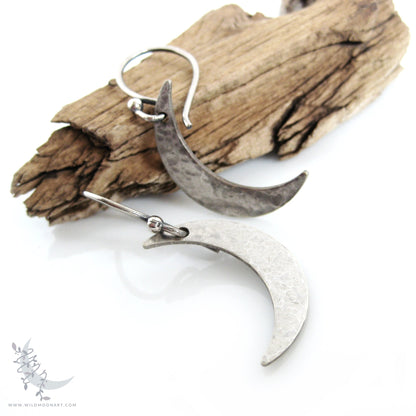 Silver Moon Earrings · Sterling Silver Handmade Hammered Crescent Moon Dangle Earrings