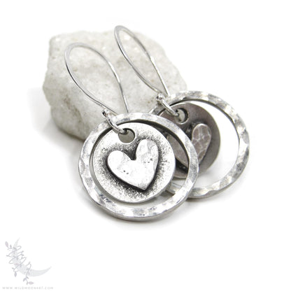 Heart Earrings · Hand Hammered Sterling Silver Rustic Valentine Dangle Earrings