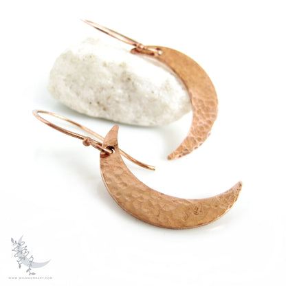 Copper Moon Earrings ·  Handmade Hammered Crescent Moon Dangle Earrings