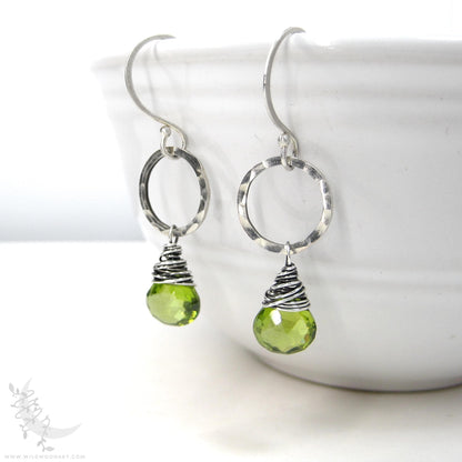 Peridot Earrings · Hammered Sterling Silver Peridot Dangle Earrings