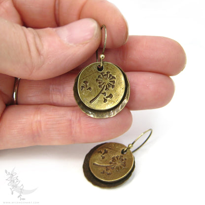 Dandelion Earrings · Hand Hammered Antiqued Brass & Bronze Rustic Flower Dangle Earrings