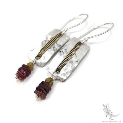 Garnet Earrings · Hammered Mixed Metal Sterling Silver & Gold Brass Rectangle Dangle Earrings