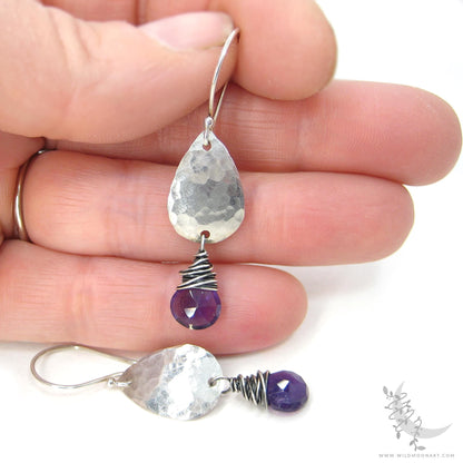 Amethyst Earrings · Hammered Teardrop Sterling Silver Dangle Earrings