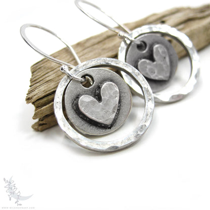 Heart Earrings · Hand Hammered Sterling Silver Rustic Valentine Dangle Earrings
