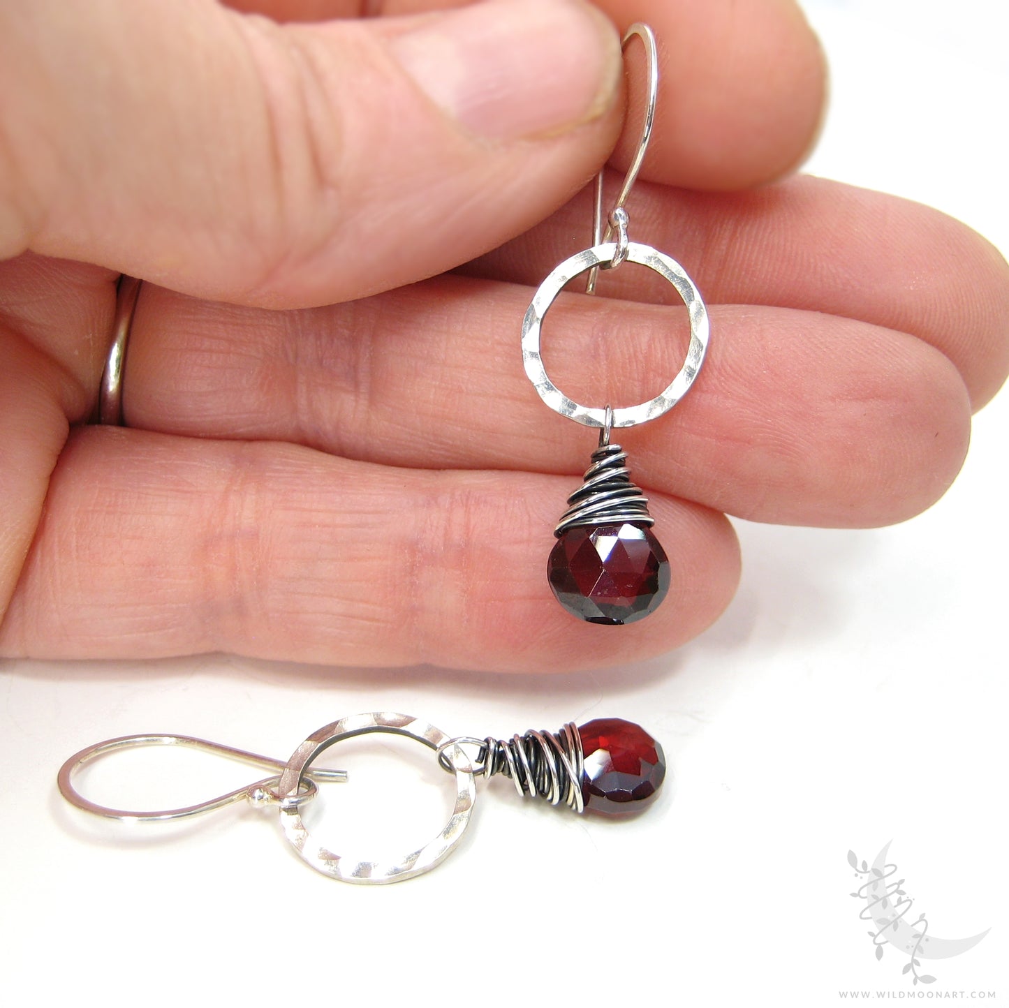 Garnet Earrings · Hammered Sterling Silver Dangle Earrings