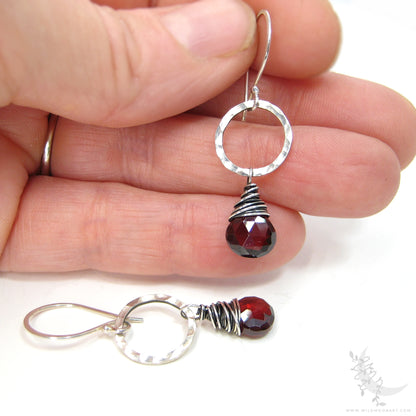 Garnet Earrings · Hammered Sterling Silver Dangle Earrings