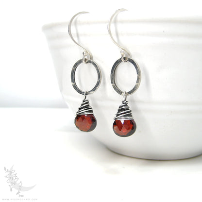 Garnet Earrings · Hammered Sterling Silver Dangle Earrings