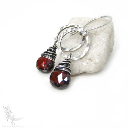 Garnet Earrings · Hammered Sterling Silver Dangle Earrings
