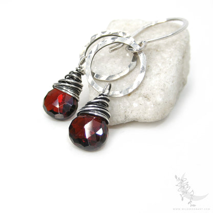 Garnet Earrings · Hammered Sterling Silver Dangle Earrings