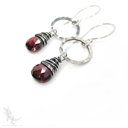 Garnet Earrings · Hammered Sterling Silver Dangle Earrings
