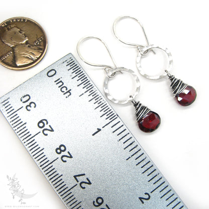 Garnet Earrings · Hammered Sterling Silver Dangle Earrings