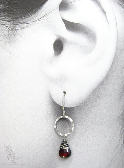 Garnet Earrings · Hammered Sterling Silver Dangle Earrings