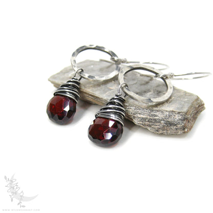 Garnet Earrings · Hammered Sterling Silver Dangle Earrings