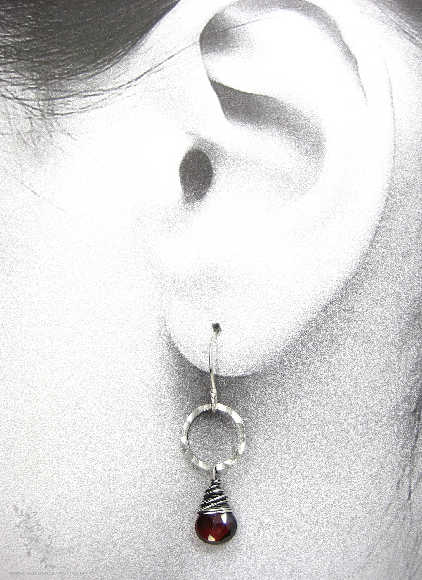 Garnet Earrings · Hammered Sterling Silver Dangle Earrings