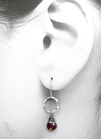 Garnet Earrings · Hammered Sterling Silver Dangle Earrings