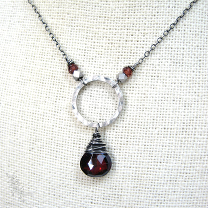 Garnet Necklace · Sterling Silver Hammered Silver Red Garnet Pendant