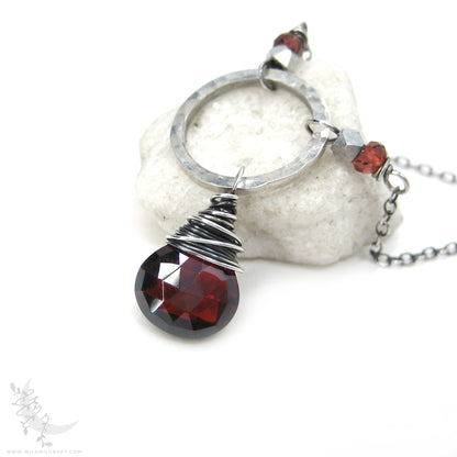Garnet Necklace · Sterling Silver Hammered Silver Red Garnet Pendant