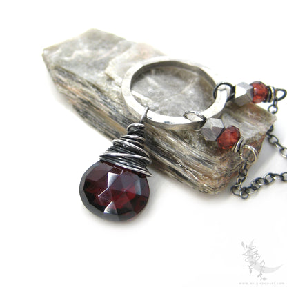Garnet Necklace · Sterling Silver Hammered Silver Red Garnet Pendant