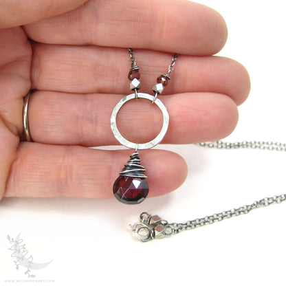 Garnet Necklace · Sterling Silver Hammered Silver Red Garnet Pendant